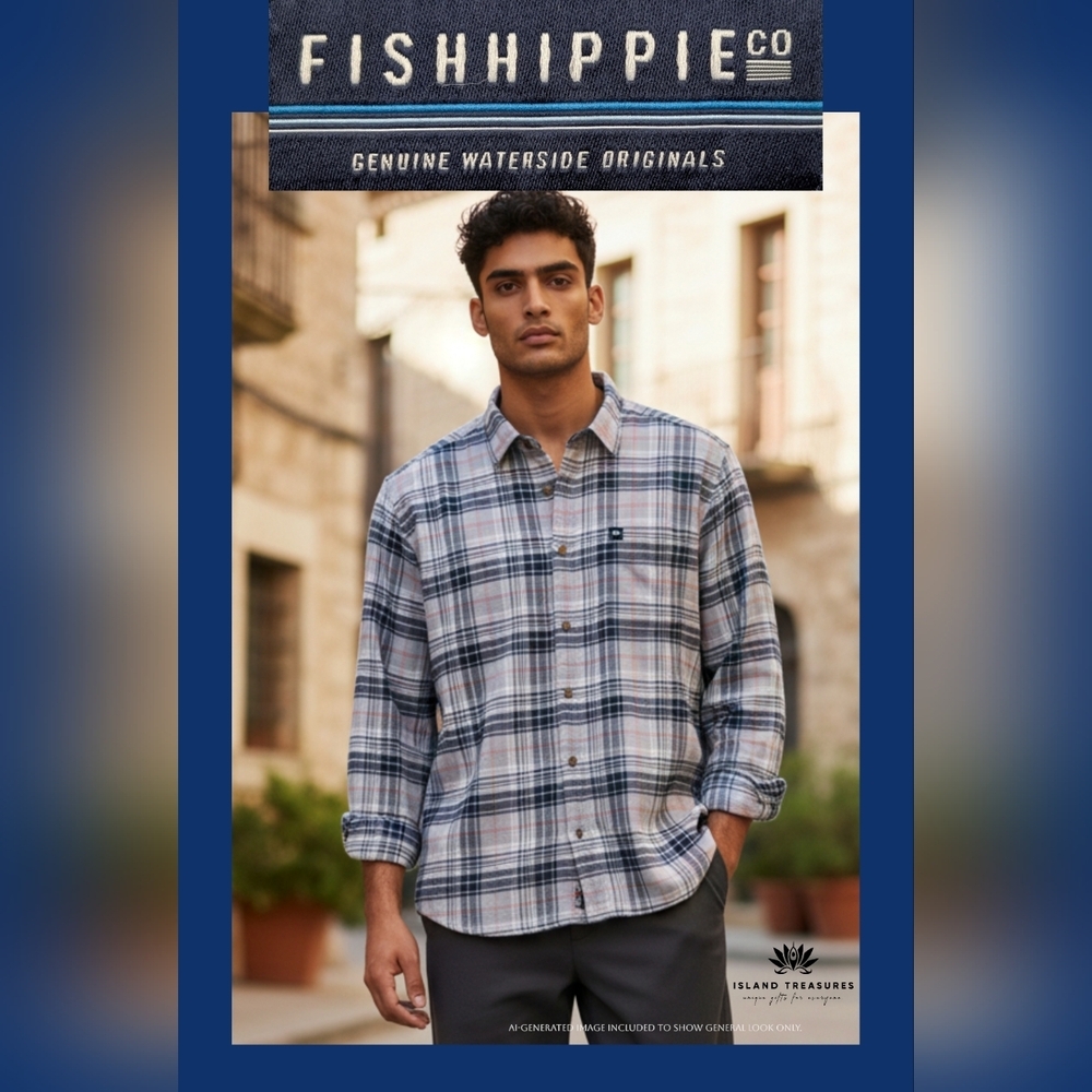 FISHHIPPIE CO. Rumfront Collection Men Sz Large Costal Inspired Blue Plaid Shirt